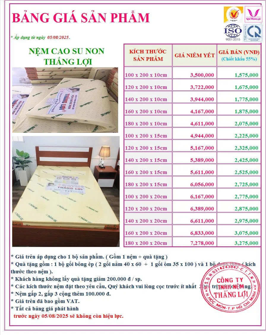 Bảng giá nệm cao su non Thắng Lợi mới nhất