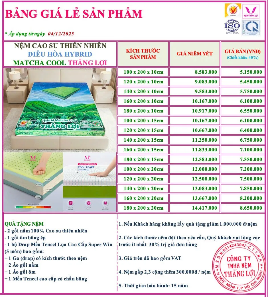 Bảng giá nệm cao su thiên nhiên điều hòa Hybrid Matcha Cool Thắng Lợi mới nhất
