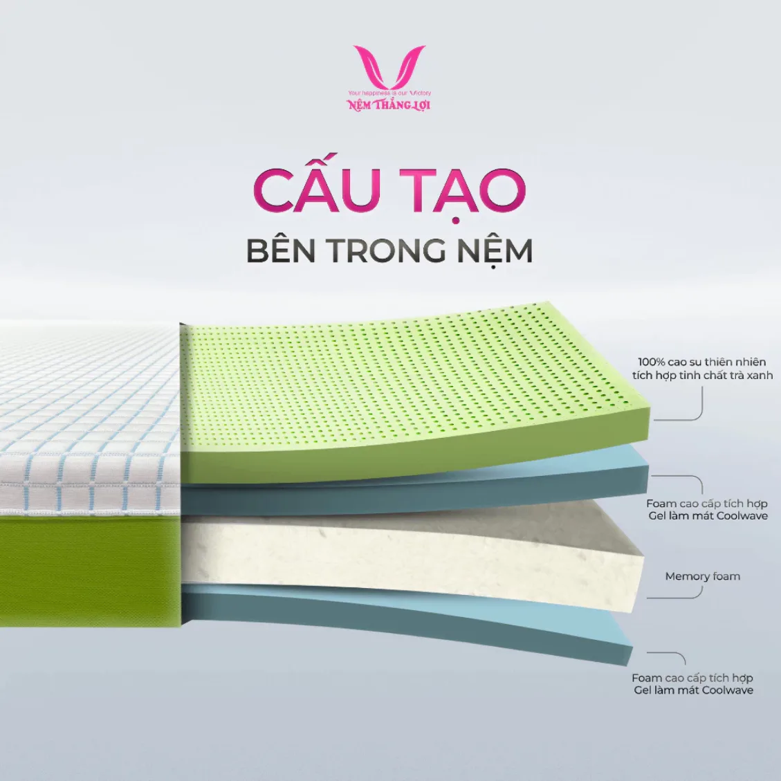 Cấu tạo nệm Hybrid Matcha Cool nâng đỡ 7 vùng cơ thể