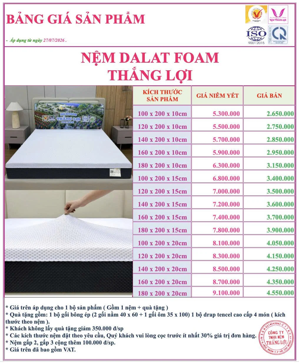 Bảng giá Nệm Dalat Foam Thắng Lợi mới nhất